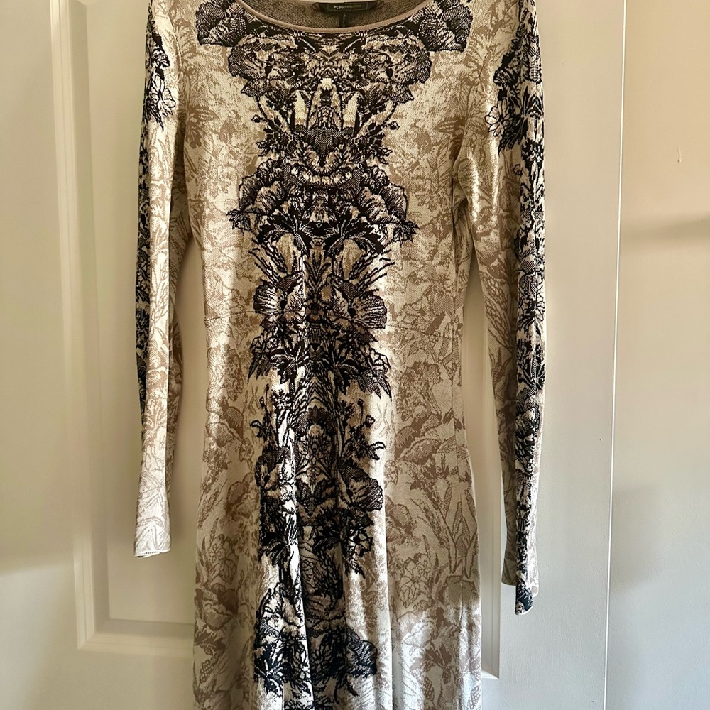 BCBGMaxAzria Black and Cream Floral Long Sleeve Dress